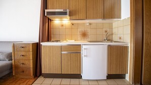 Een compacte keuken met houten kastjes, een ingebouwde magnetron, een spoelbak en een koelkast.