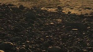A beach scene with a sunset, rocky foreground, and silhouettes of two people walking.