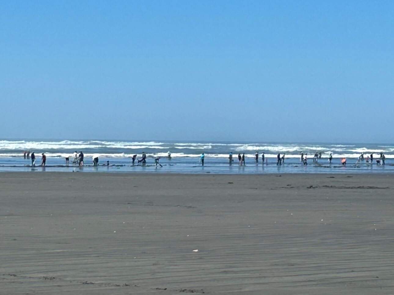 A wide beach with people walking along the shore.