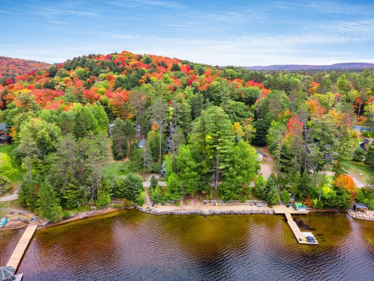 A lakeside property with a dock, surrounded by dense forest and autumn foliage.
