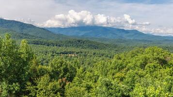 A mountainous landscape with dense forest coverage and a clear sky.