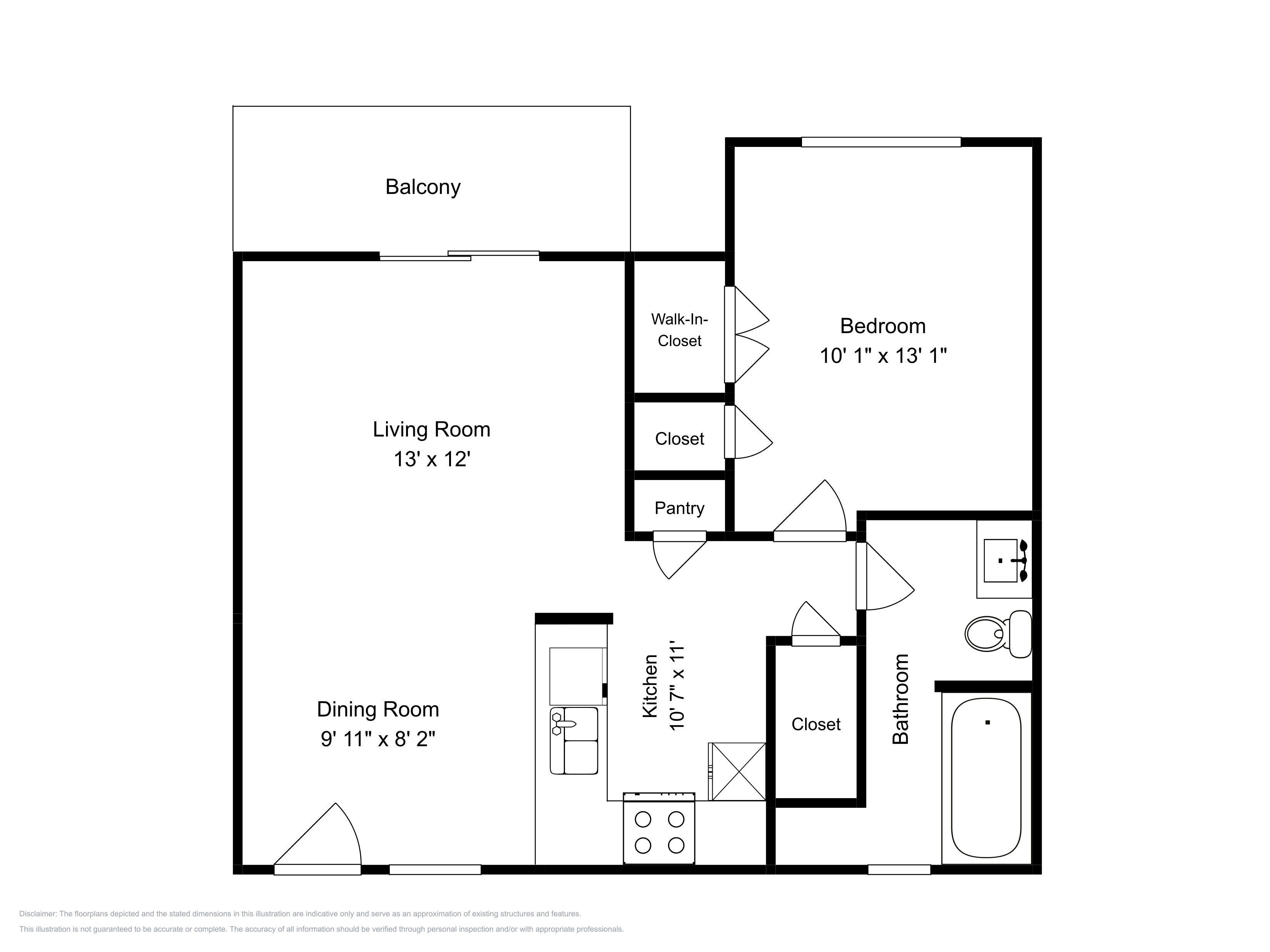 A floor plan of a hotel room with a balcony, living room, dining room, kitchen, bathroom, and a walk-in closet.