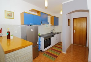 Compact kitchen with modern amenities, featuring a refrigerator, oven, and sink.