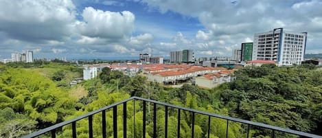 A balcony with a view of a cityscape, including buildings and greenery.