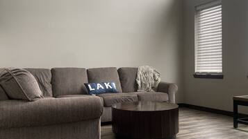 Smart TV, fireplace, foosball