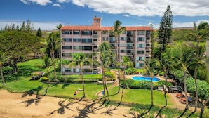 Un hotel de varios pisos con piscina, rodeado de palmeras y una playa.