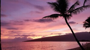 Una playa al atardecer con palmeras, una valla y una silla.