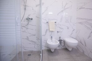 Ducha, secador de pelo, toallas, papel higiénico