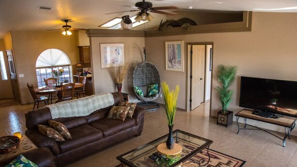 A living room with a brown leather sofa, a glass coffee table, a hanging chair, a TV, and a ceiling fan.