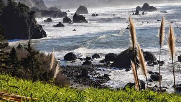 A coastal landscape with rocky outcrops and waves crashing against them. - Coastal Refuge, *Hot Tub,* Close to Town. (Trinidad)