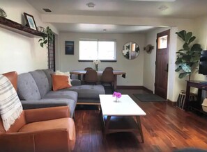 Smart TV, fireplace, books