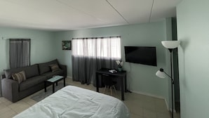 A room with a bed, a sofa, a desk, a TV, and a lamp.
