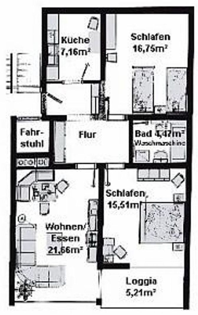 A hotel floor plan with a kitchen, two bedrooms, a bathroom, a living room, and a loggia.