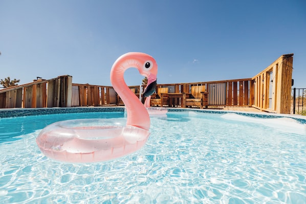Outdoor pool, sun loungers - Desert Oasis • Hot Tub, Pool, Arcade & Hammocks • Fenced 2 Acres • Joshua Trees (Yucca Valley)