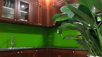 Fridge, electric kettle, cookware/dishes/utensils, spices