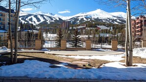 A snow-covered landscape with a mountain in the background, a paved area with trees, and buildings with balconies.