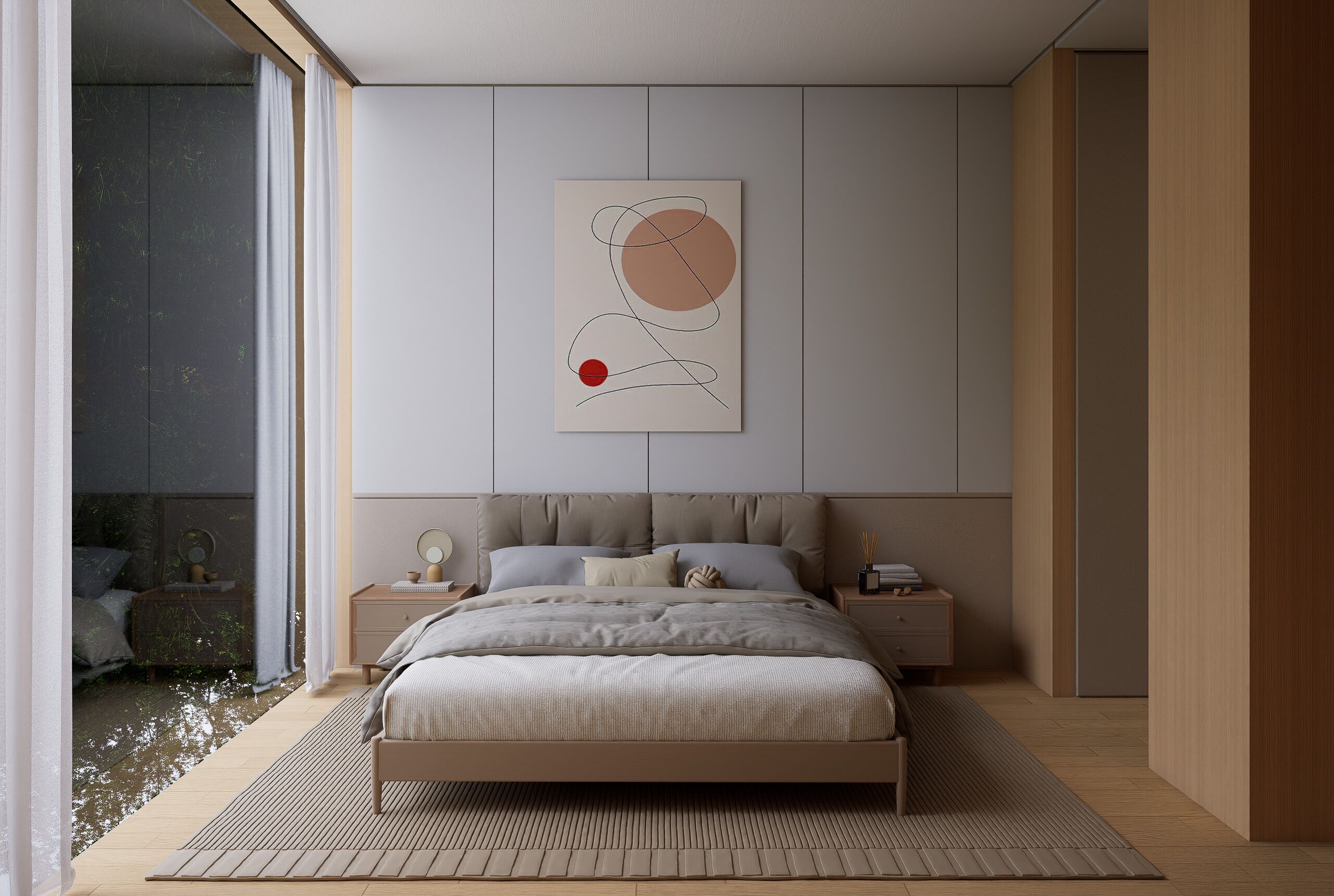 Un dormitorio moderno con una cama, mesitas de noche, una obra de arte en la pared y vistas al exterior.