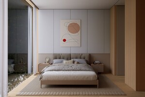 Un dormitorio moderno con una cama, mesitas de noche, una obra de arte en la pared y vistas al exterior.