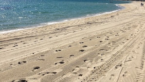 Een zandstrand met duidelijke voetafdrukken en een helder uitzicht op de oceaan.