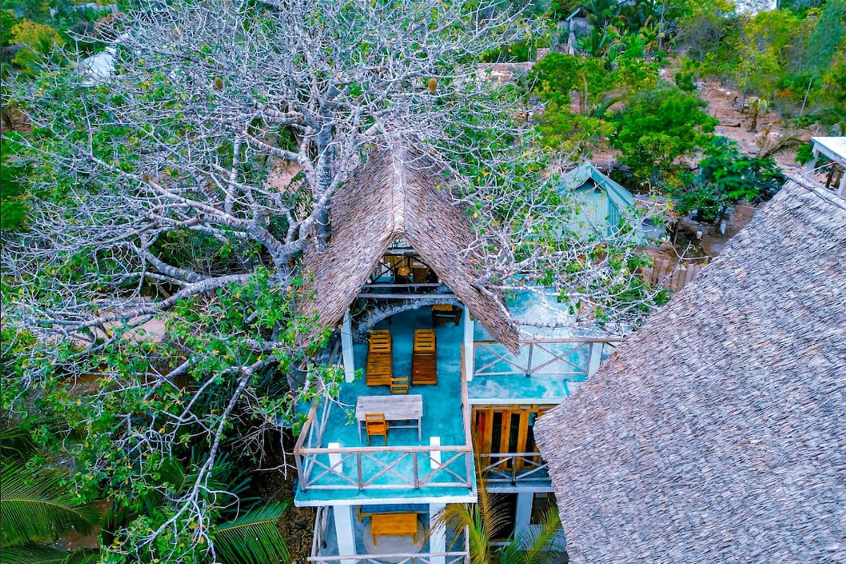 A thatched-roof house with a blue exterior and multiple levels, surrounded by lush greenery.