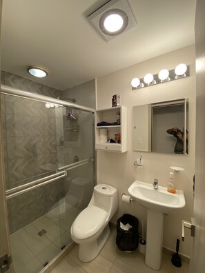 A bathroom with a glass-enclosed shower, a toilet, a sink, and a vanity with a mirror. - Luxury 2 bed/2 bath, + private office room. Nice mountain view (Tegucigalpa)