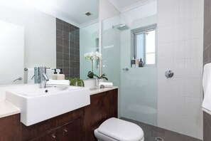 Shower, hair dryer, shampoo