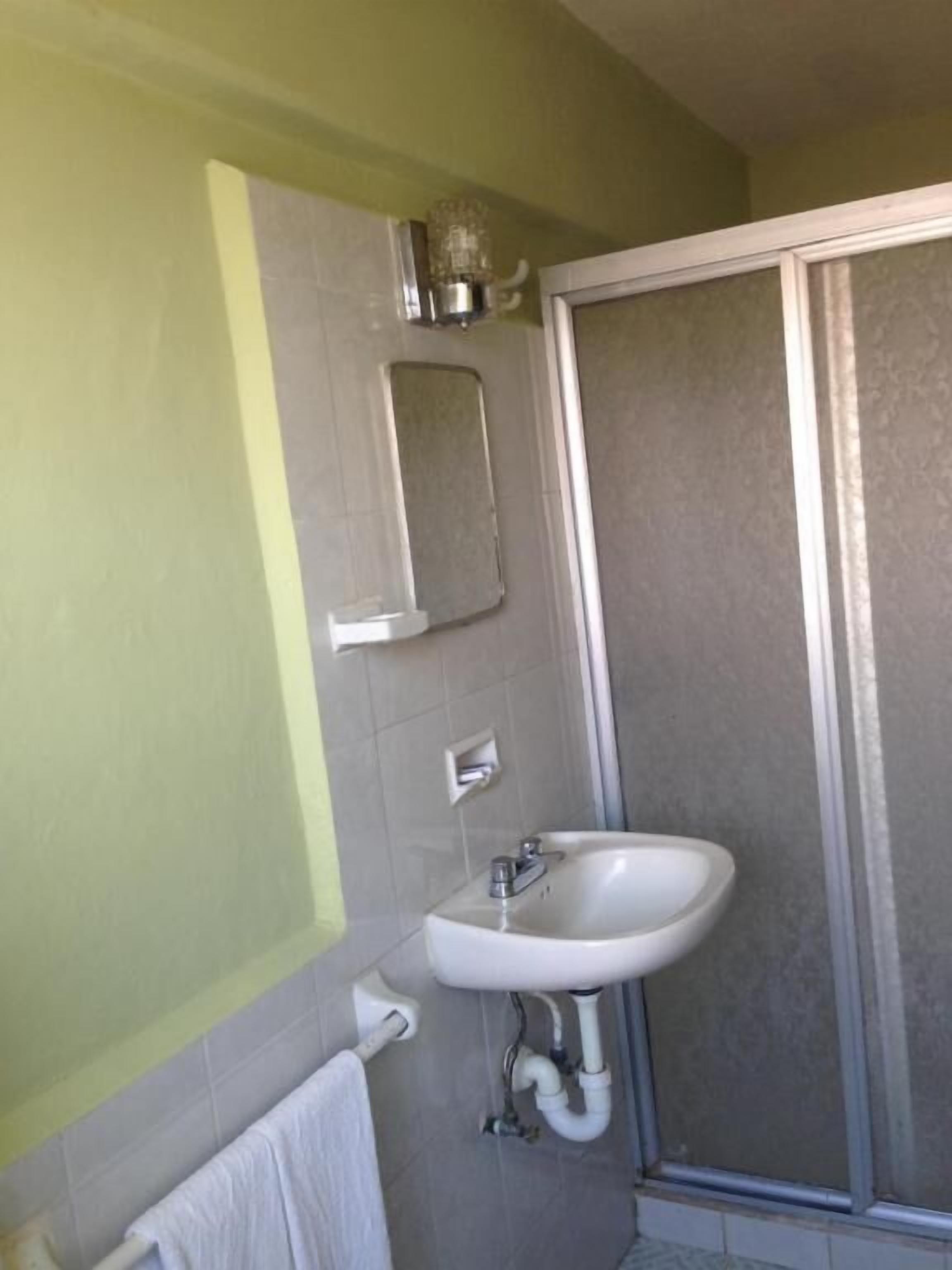 A bathroom with a white sink, a mirror, and a shower enclosure.