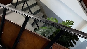 Una escalera de madera con barandillas de metal que lleva a una plataforma con una planta.