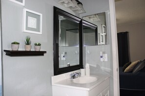 A bathroom with a white sink, a large mirror, and three potted plants on a shelf. - 3/2 Modern Valrico Entire Home. Pet-Friendly! (Valrico)