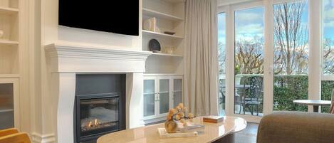 Smart TV, fireplace, books