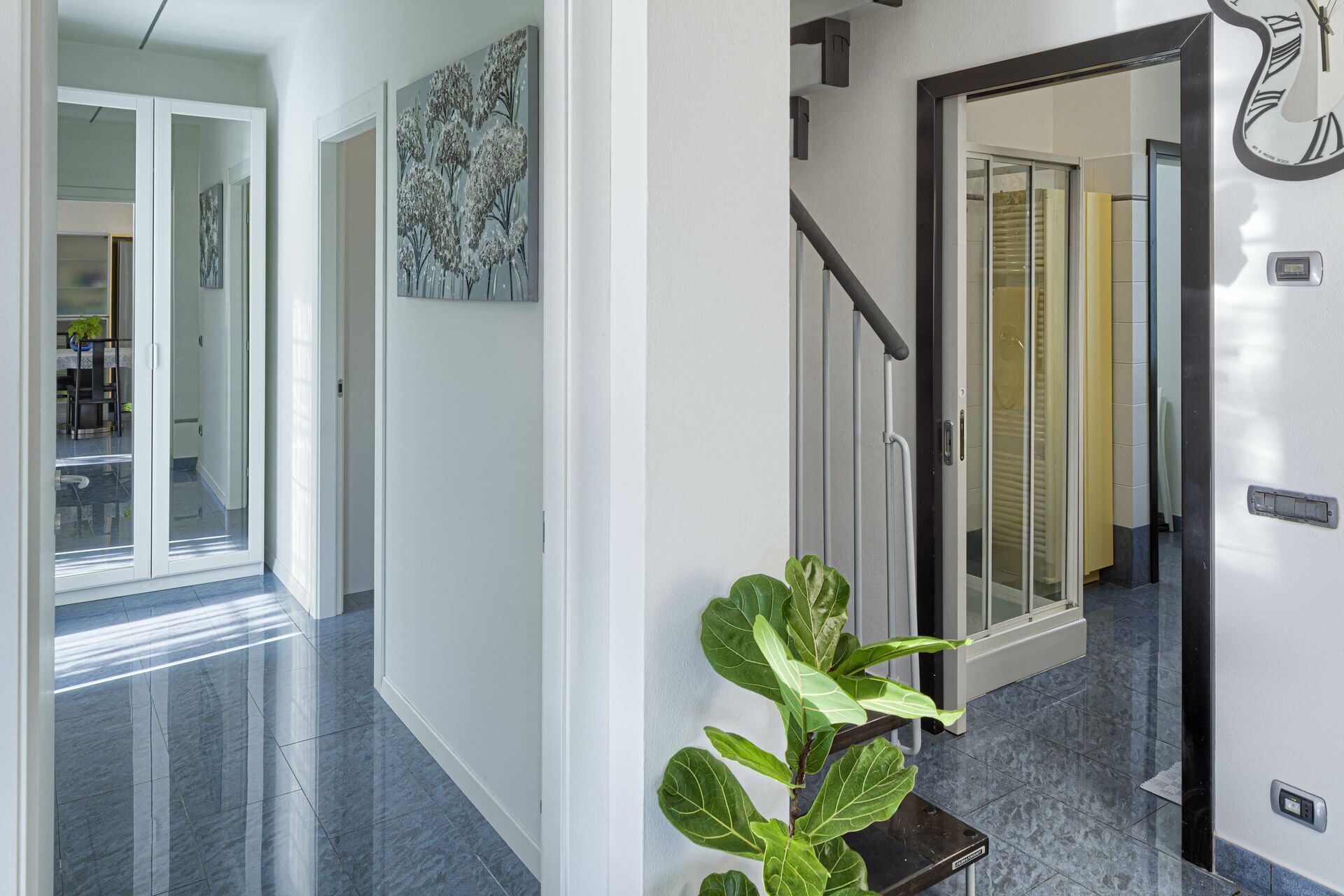 A hallway with a glass door, a staircase, and a potted plant.