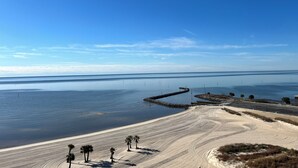 A beach with a clear sky, calm water, and a sandy area with palm trees. - Top-Floor Condo - On the Beach - Gulf Views - Walk the Boardwalk (Biloxi)