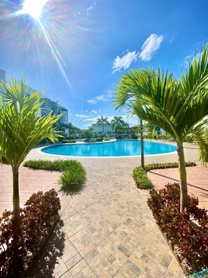 A swimming pool surrounded by palm trees and a tiled walkway.