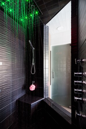 Een bad/douchecombinatie, een bidet