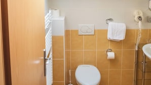 A compact bathroom with a skylight, a toilet, a towel rack, and a toilet paper holder. - Romantic attic 1/3 room  (Izola)
