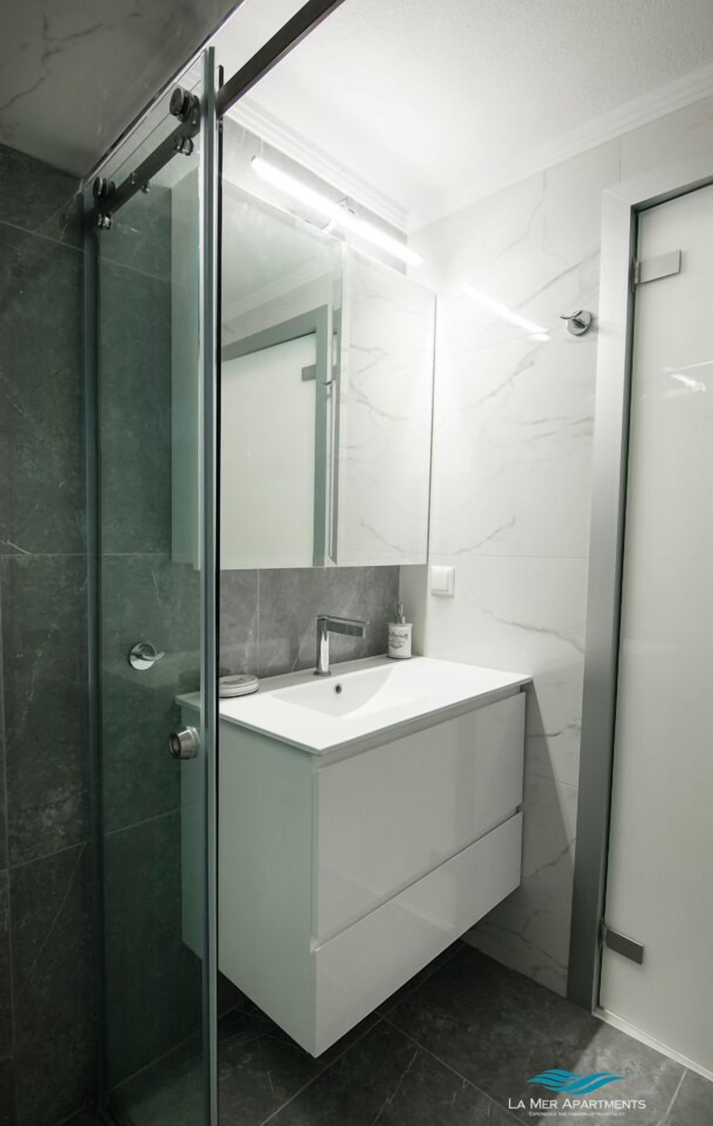 A modern bathroom with a glass shower enclosure, a white sink, and a large mirror.