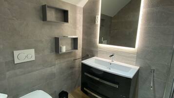 A modern bathroom with a white toilet, a black vanity with a mirror, and a shower area.