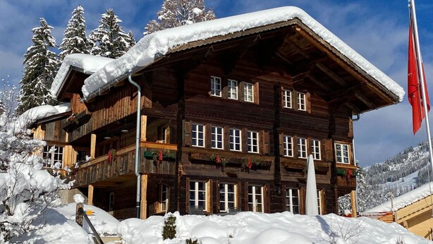 A wooden chalet with multiple windows and balconies, surrounded by snow-covered trees and a clear sky. - Untere Bühlstrasse 10 - EG by Interhome (Lenk)