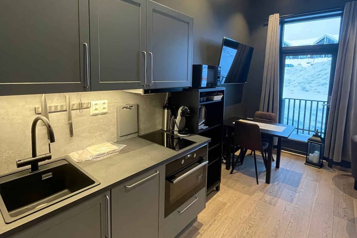 A modern kitchen with grey cabinets, a black sink, and stainless steel appliances. There is a dining area with a table and chairs, and a view of a snowy landscape through a window.