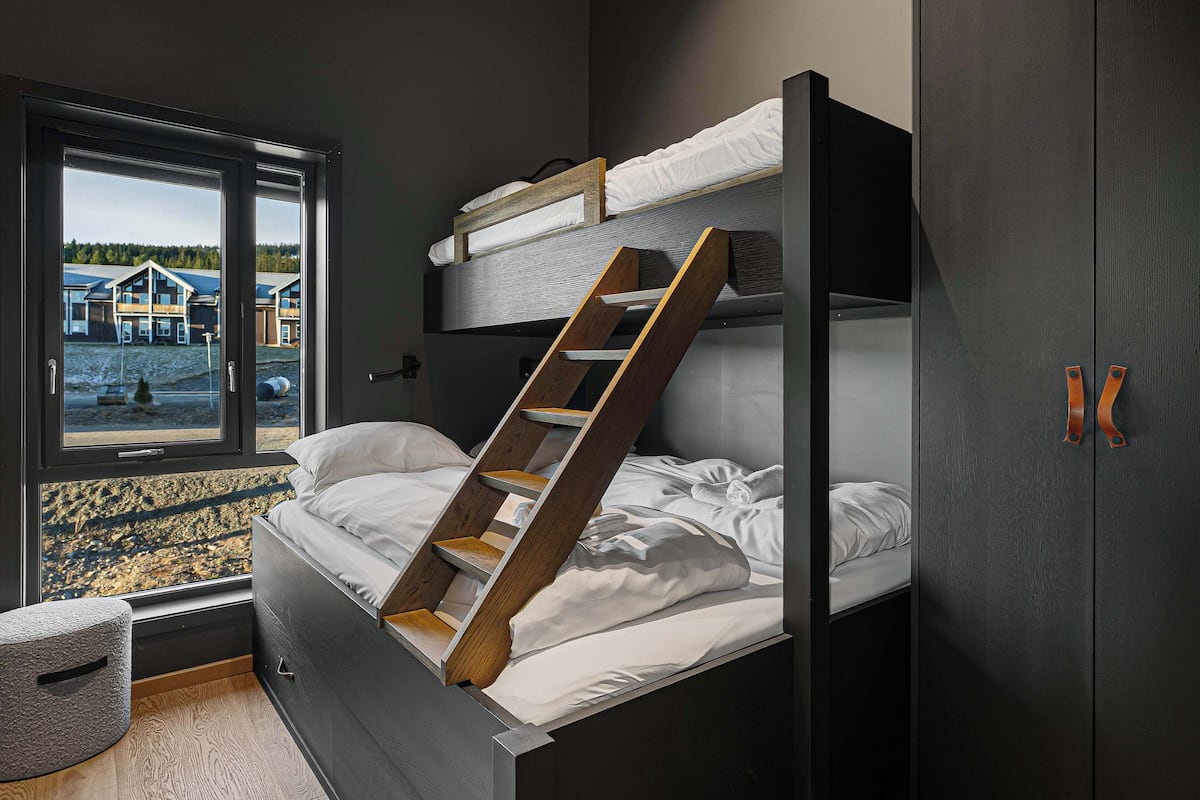 A bunk bed with a wooden ladder, a window with a view of buildings, and a wardrobe with brown handles.