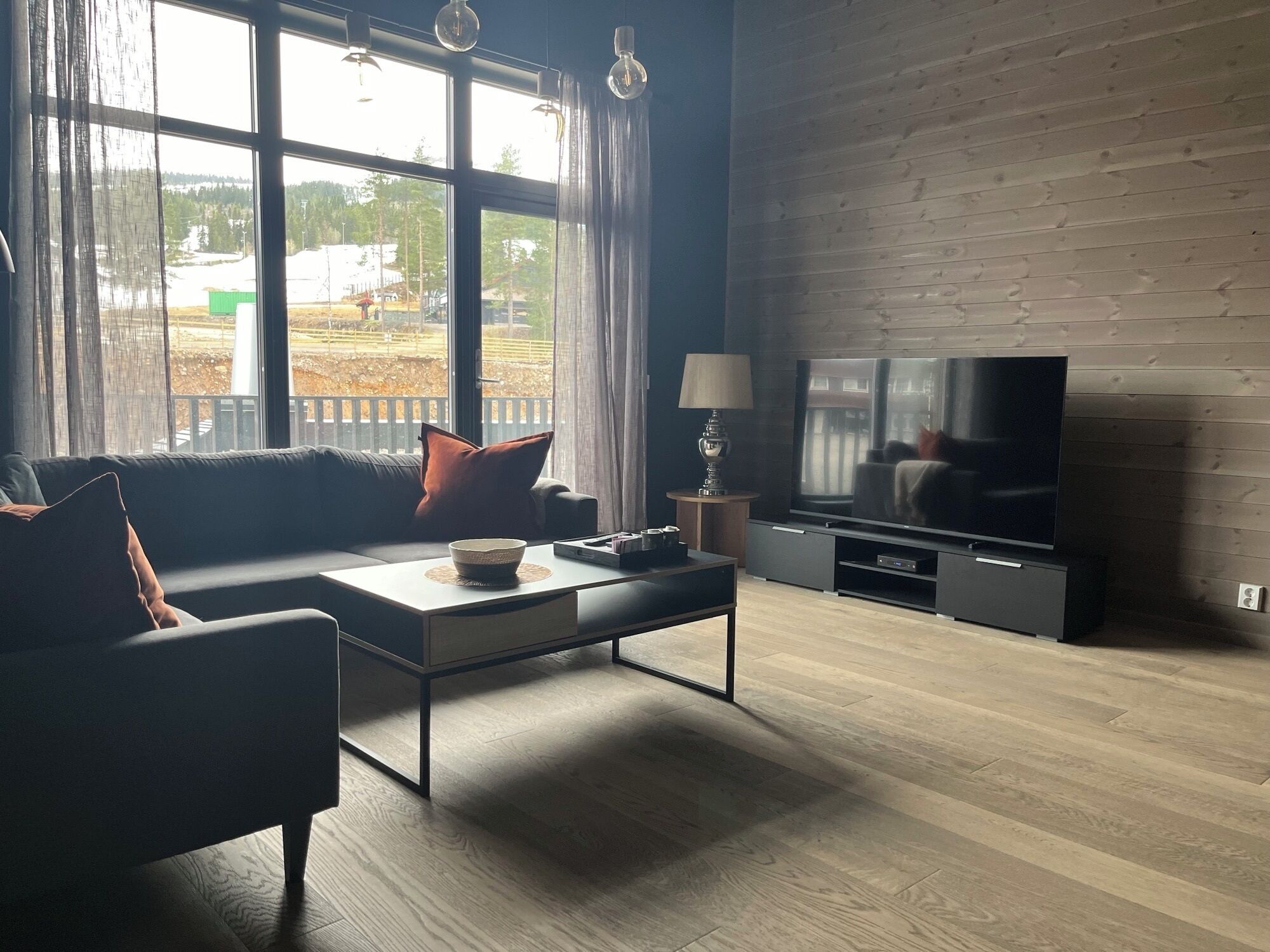 A modern living room with a sofa, coffee table, and TV.