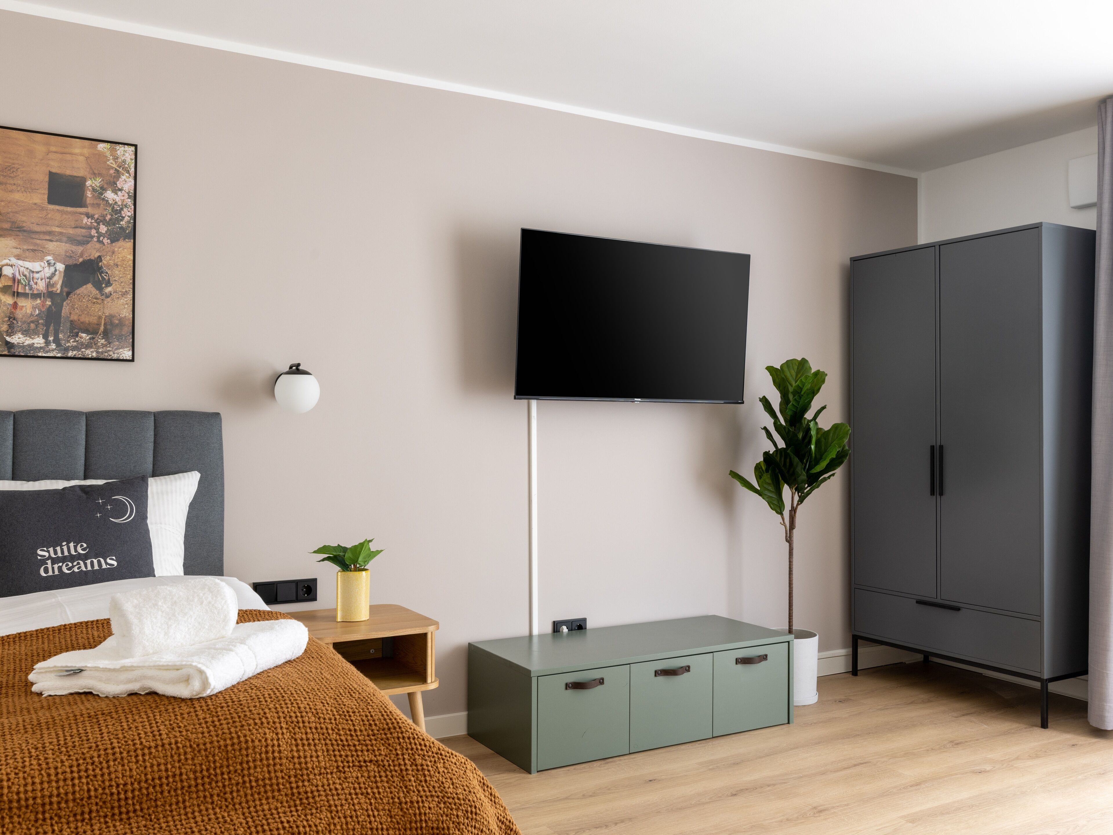 A modern hotel room with a bed, a flat-screen TV, a wardrobe, a small table with a plant, and a painting on the wall.