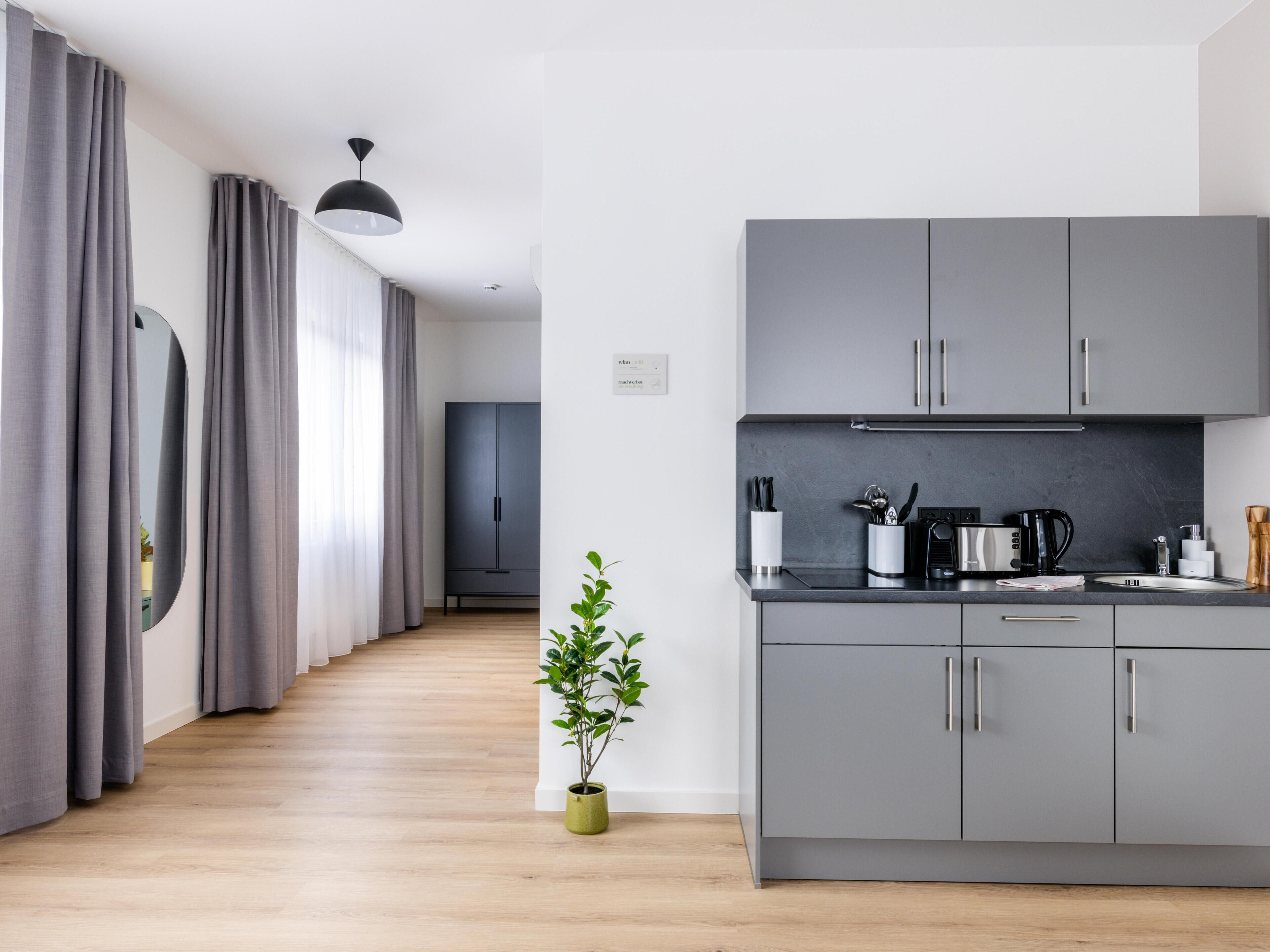 Una cocina moderna con gabinetes grises, una encimera negra y una pequeña planta en maceta.