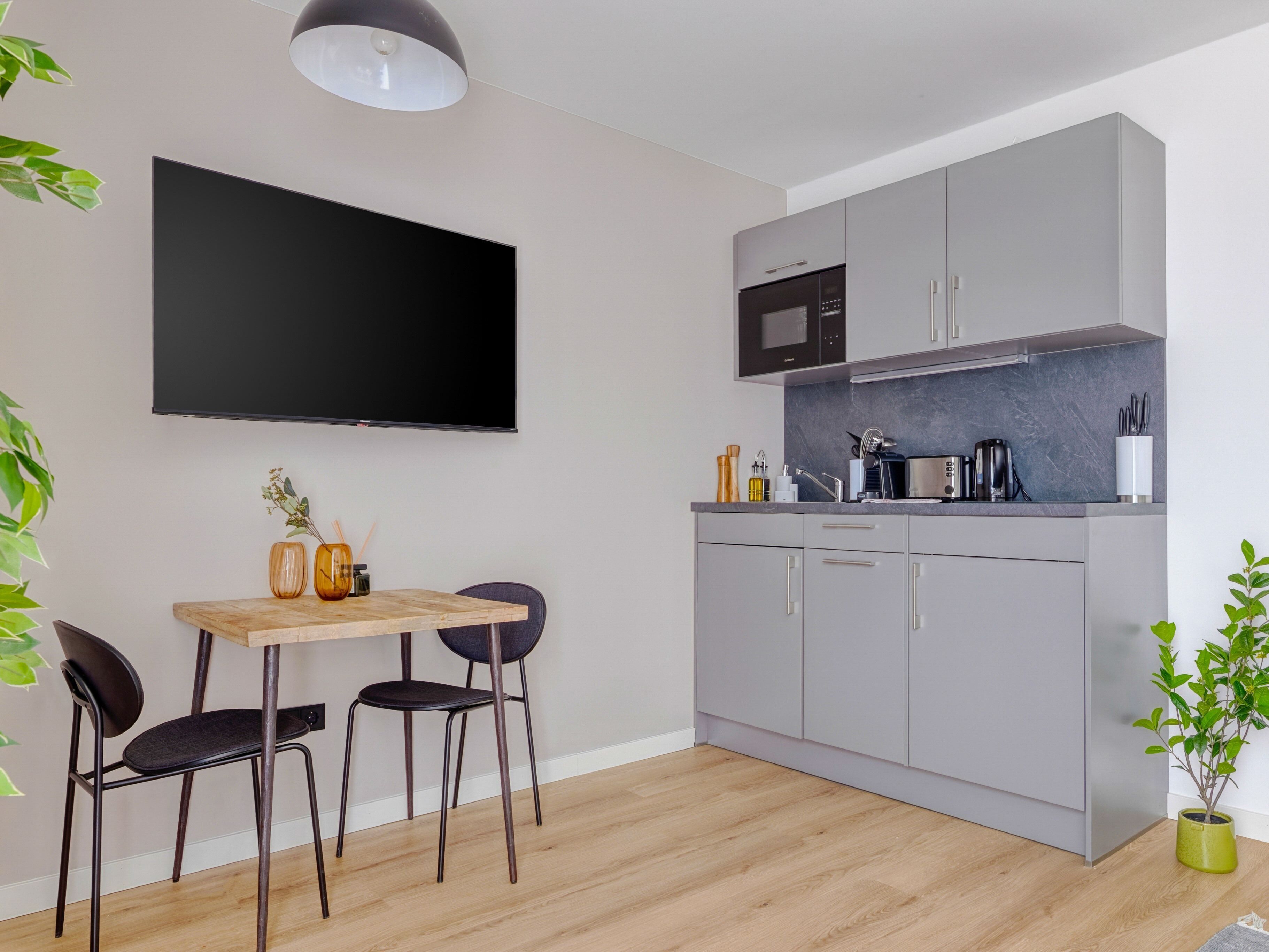 A modern kitchen with grey cabinets, a flat-screen TV, a wooden table with two chairs, and a potted plant.