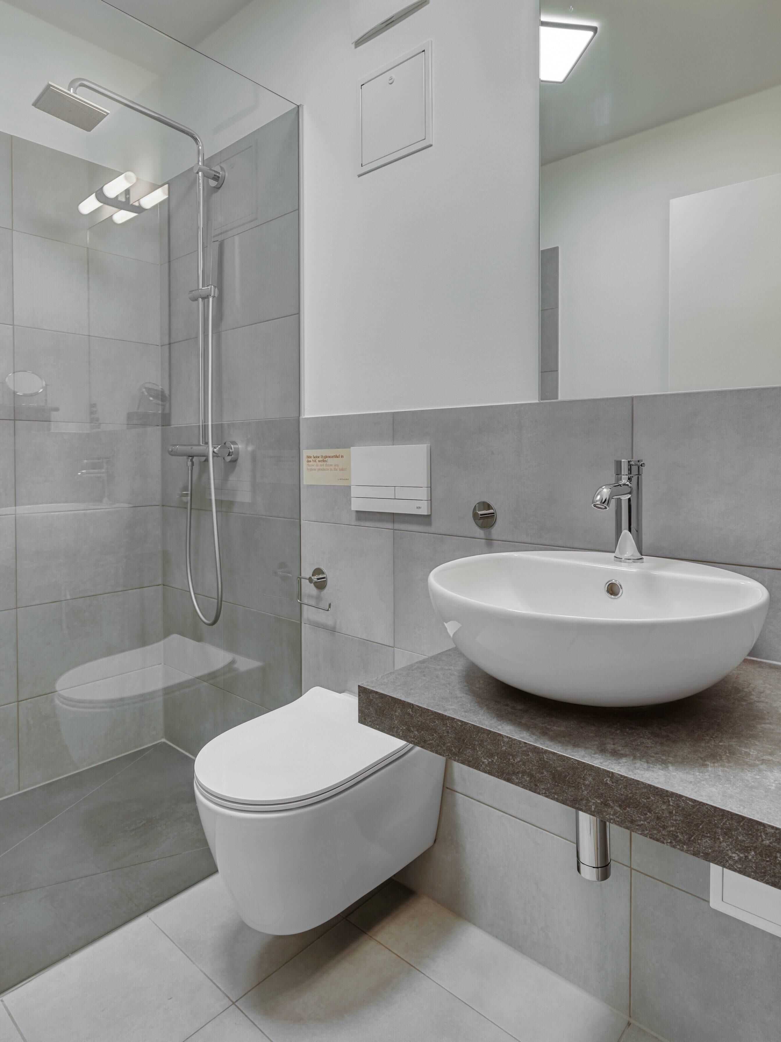 Ein modernes Badezimmer mit einer gläsernen Duschkabine, einer weißen Toilette und einem großzügigen Waschbecken auf einer Granitplatte.