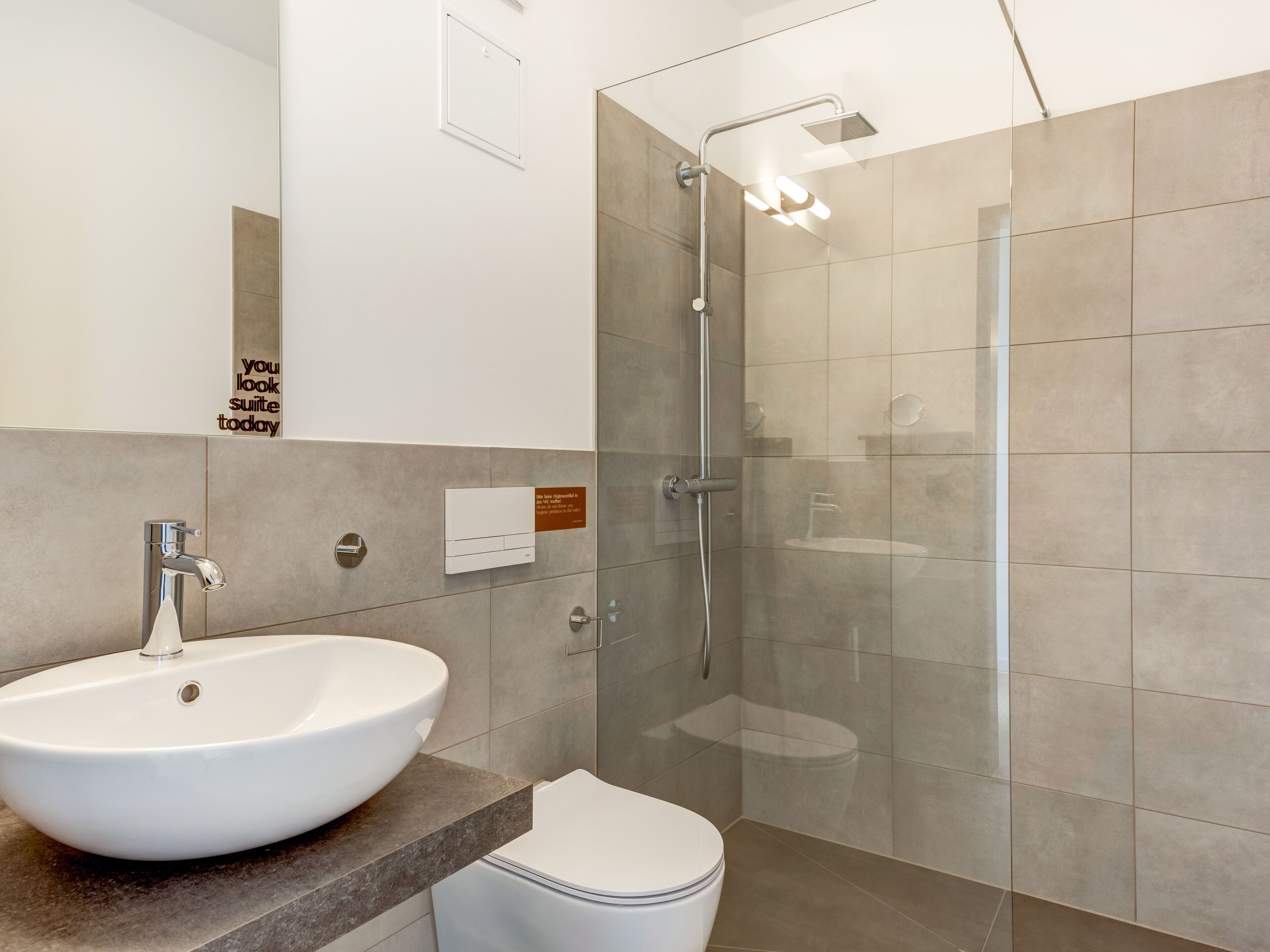 Un bagno moderno con un lavandino bianco capiente, un box doccia in vetro e un water.