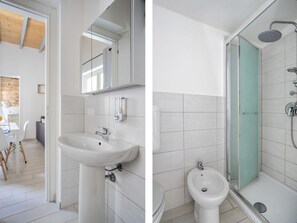 Shower, hair dryer, bidet, towels