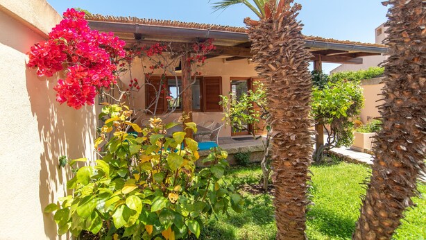 Una casa con un porche cubierto, una palmera y un jardín con buganvillas y otras plantas.