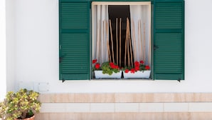 Una ventana con contraventanas verdes, una planta en maceta y flores rojas.