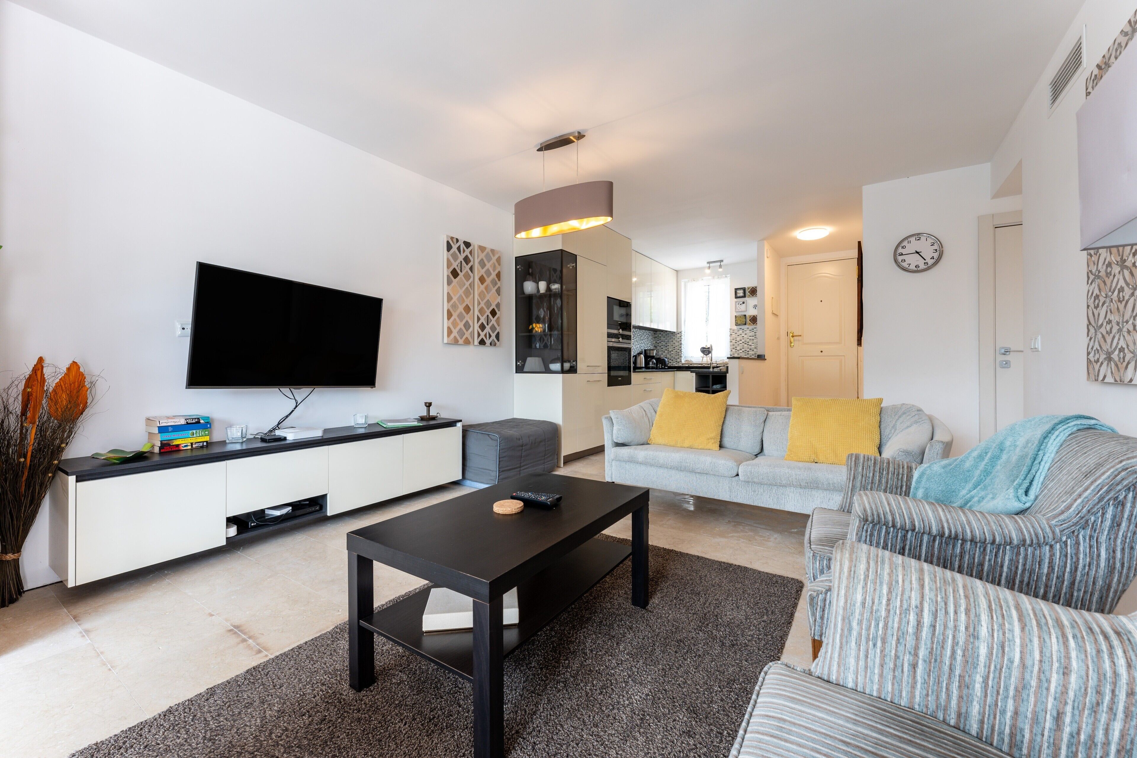 Télévision, cheminée, lecteur de DVD, chaîne hi-fi